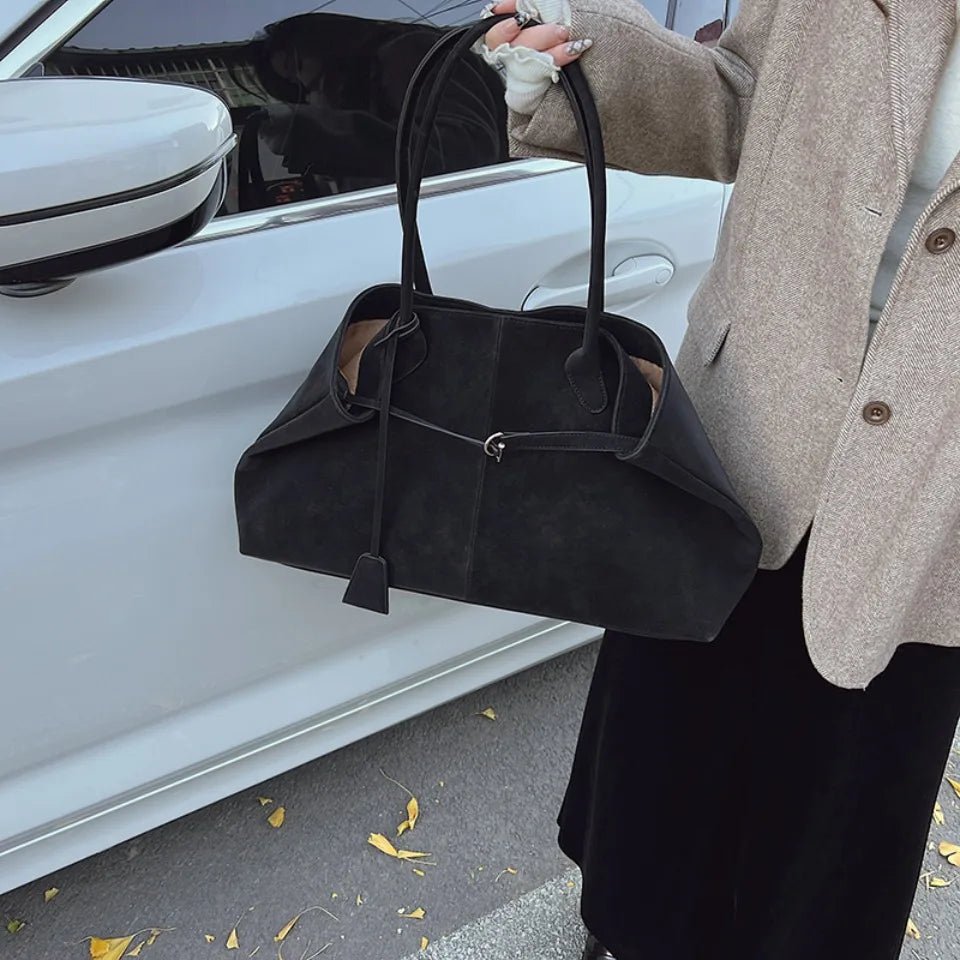 SEAME - Amara - Large Capacity Vegan Suede Handbag for Women in Retro Style Black