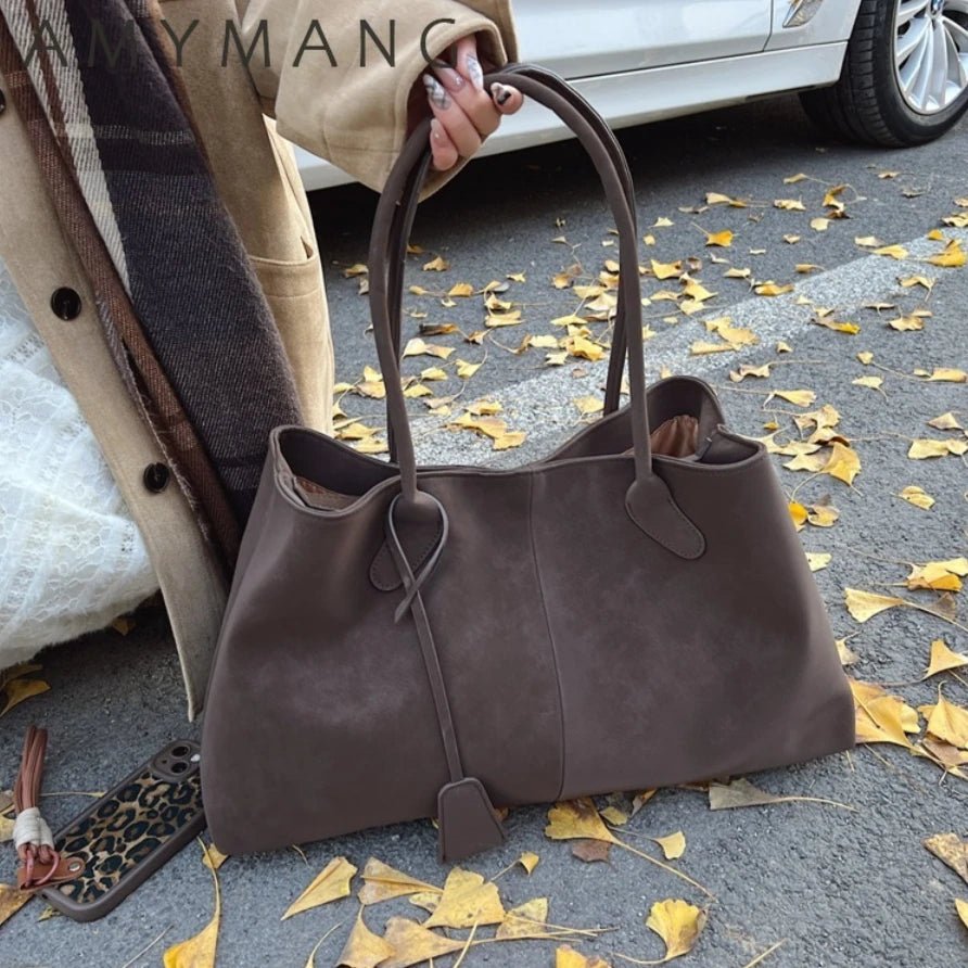 SEAME - Amara - Large Capacity Vegan Suede Handbag for Women in Retro Style Dark Brown