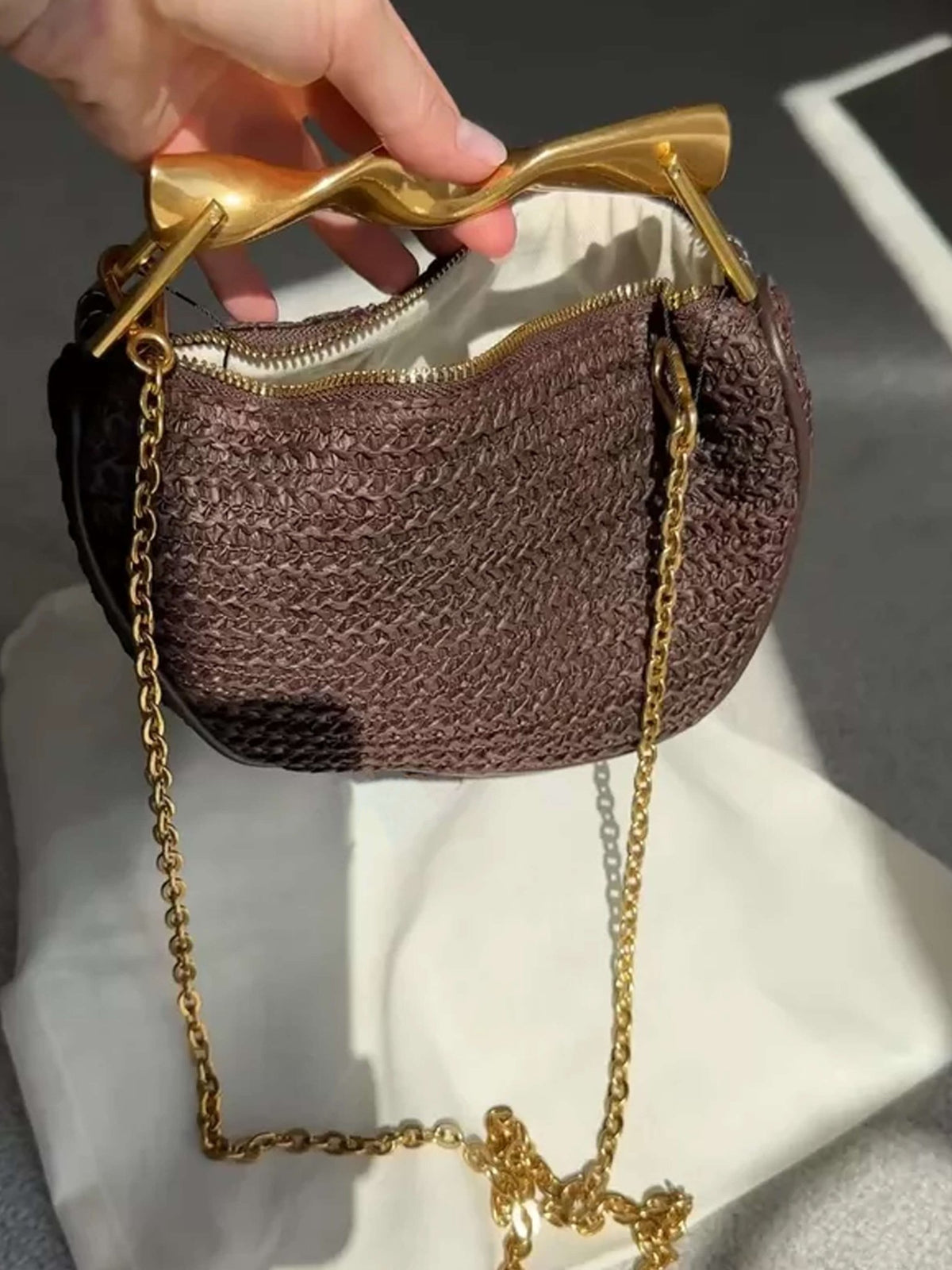 Seame - Grace Woven Bag with Gold Handle Brown