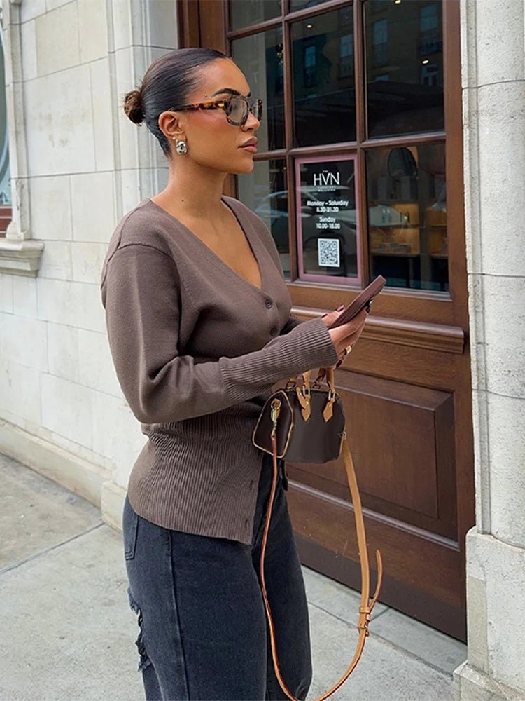 SEAME - Hannah Women's Cardigan - Elegant V - Neck Knit Sweater for Casual Style Brown S