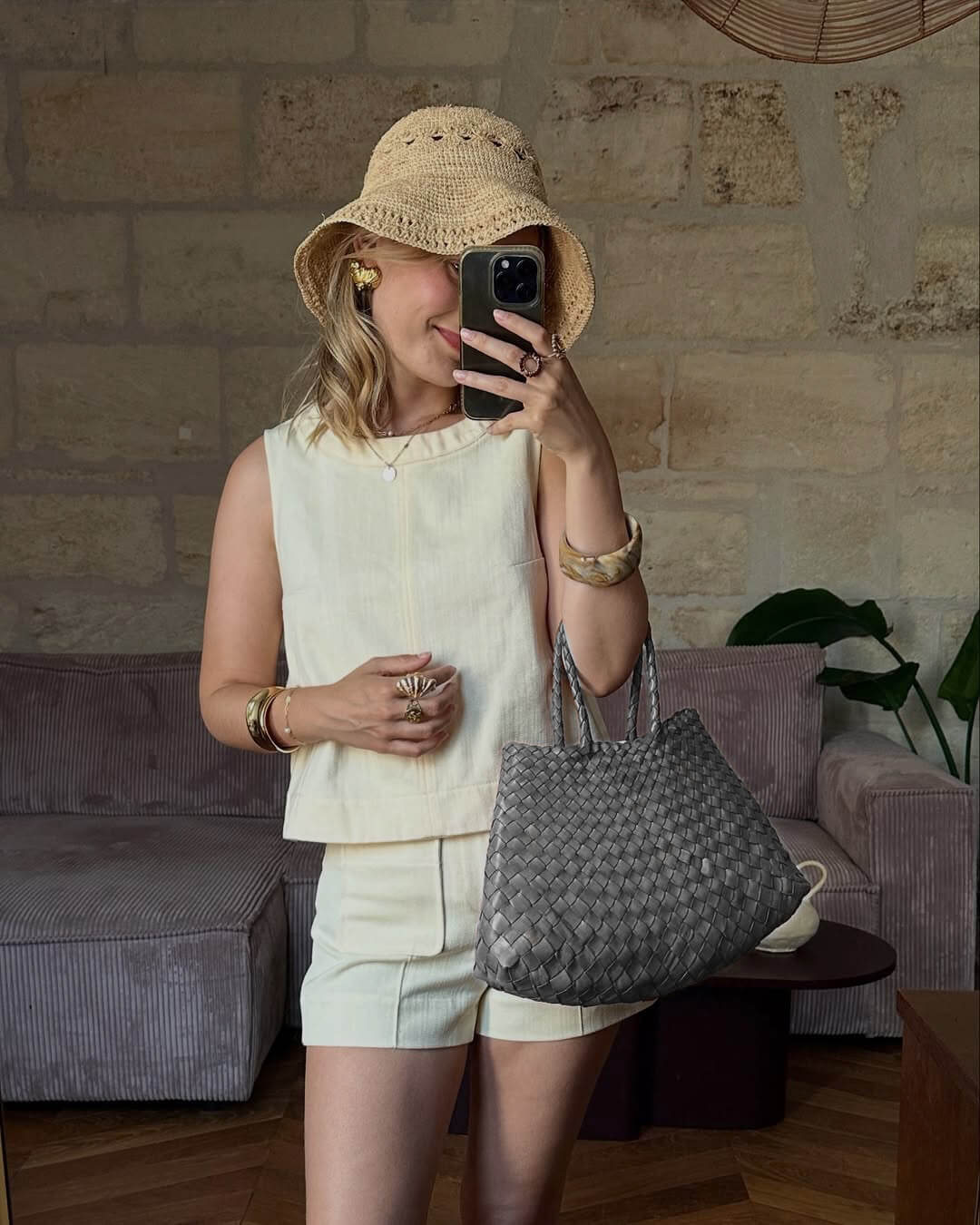 SEAME - Madeleine Vegan Leather Woven Bag Medium Light Gray Regular