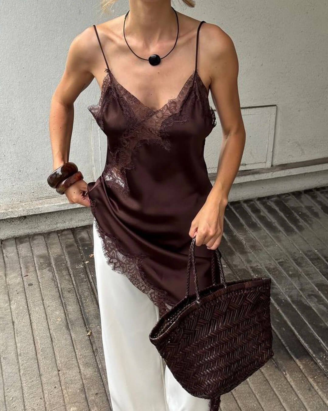 SEAME - Pia Asymmetric Satin Lace Cocktail Dress Brown Dress M
