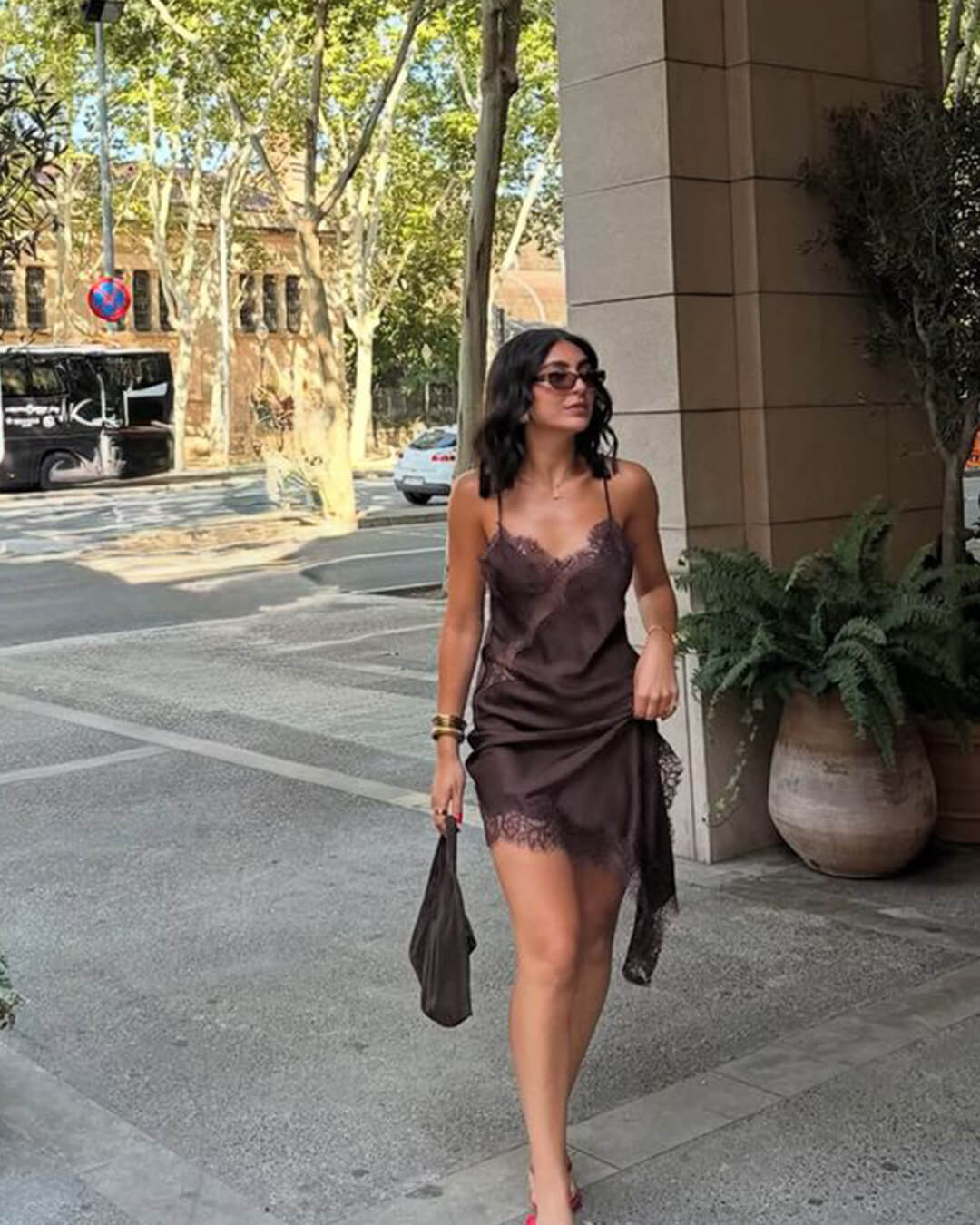 SEAME - Pia Asymmetric Satin Lace Cocktail Dress Brown Dress XS
