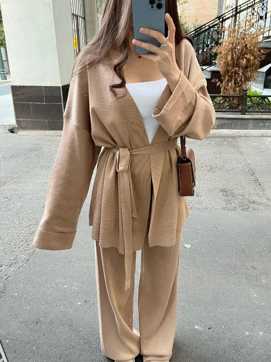 SEAME - Divine - Comfy Knitted Autumn Winter Set with belted Vest & Wide Leg Trousers Beige One Size