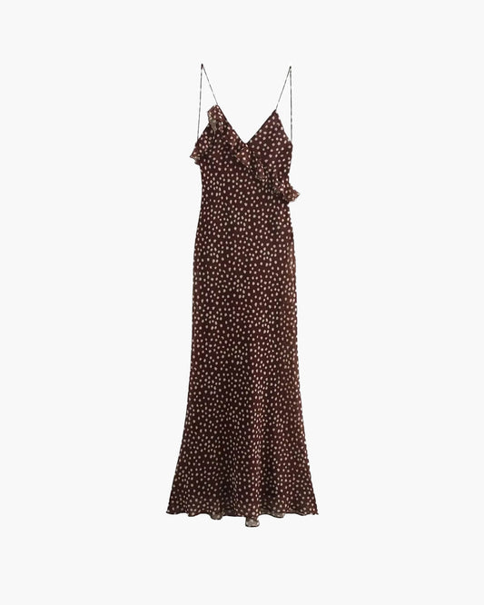 SEAME - Eloise Women's Dress - Sleeveless Polka Dot Suspender with Layered Design Brown XS