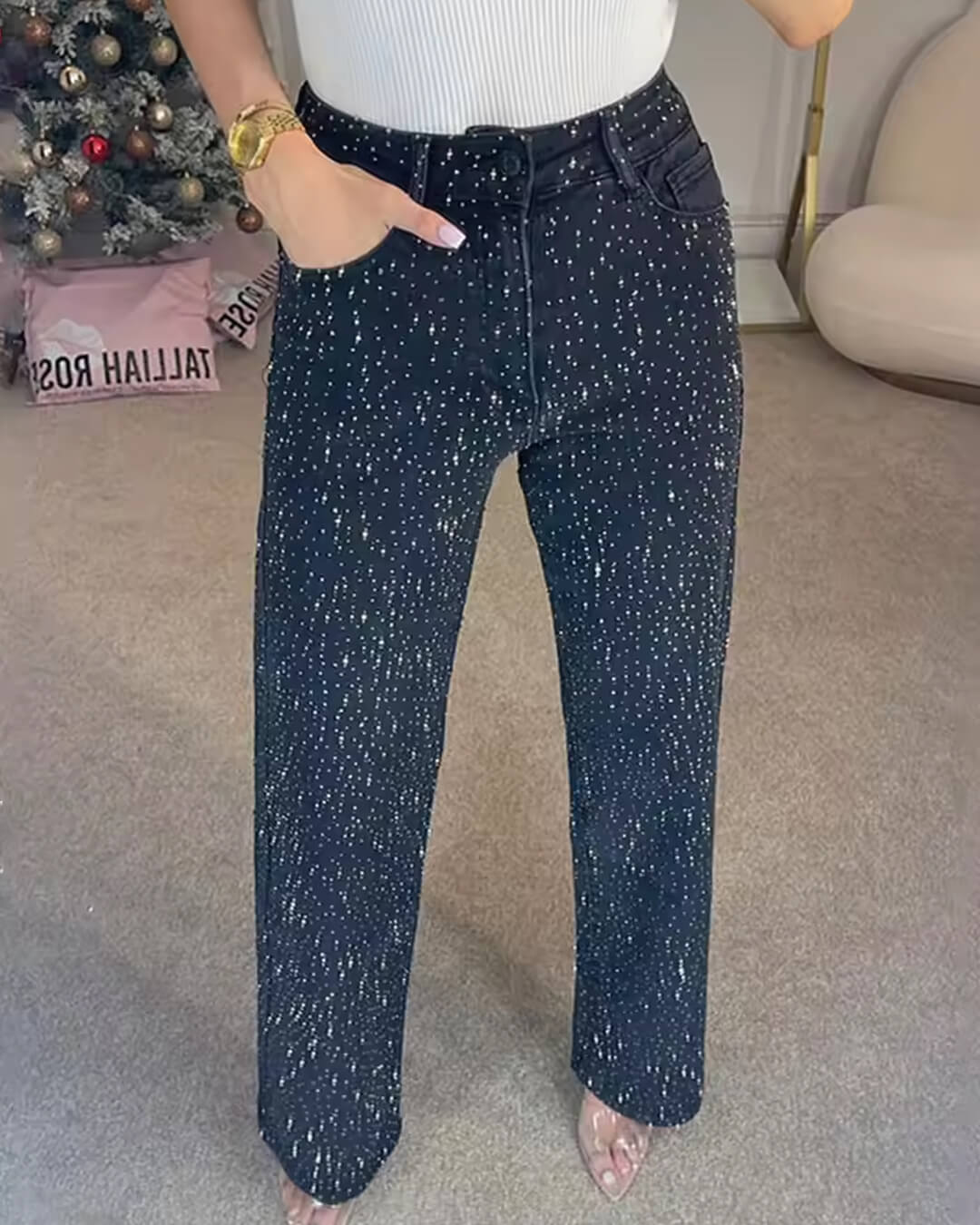 SEAME - Tara High - Waist Glitter Jeans Dark Blue S