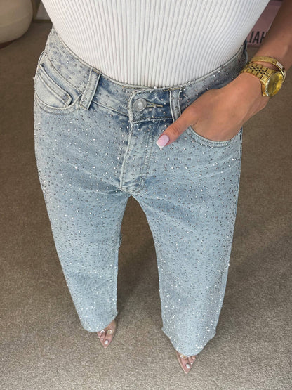 SEAME - Tara High - Waist Glitter Jeans Light Blue M